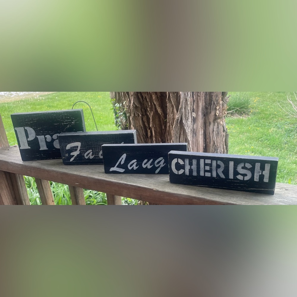 Black Rustic Wooden Word Blocks - 'Cherish' 'Laugh' 'Faith' 'Pray'